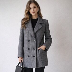 Vintage ALORNA ILGWU Grey Herringbone Wool Blend Double Breasted Pea Coat